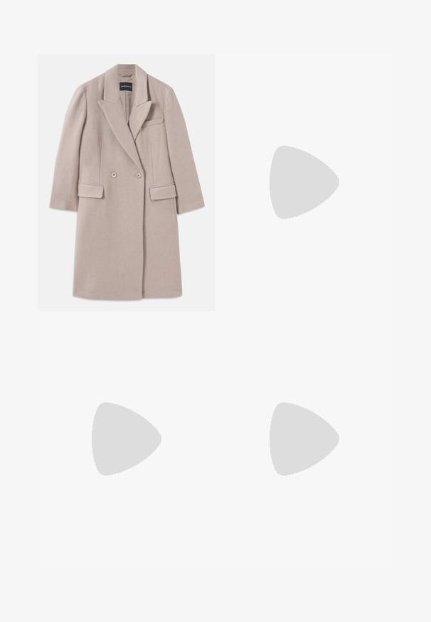 Beige double-breasted wool coat with notch lapels, two front flap pockets, a chest welt pocket, and long sleeves.; White cropped long-sleeve shirt made of cotton. Features a button-up front, a chest pocket, and a small black logo on the bottom left.; Brown wide-leg trousers made from a smooth fabric, featuring a front button closure, two front pockets, and clean, tailored lines.; Black leather slingback shoe with a pointed toe, featuring a woven accent and pleated upper design. Flat sole with minimal hardware.