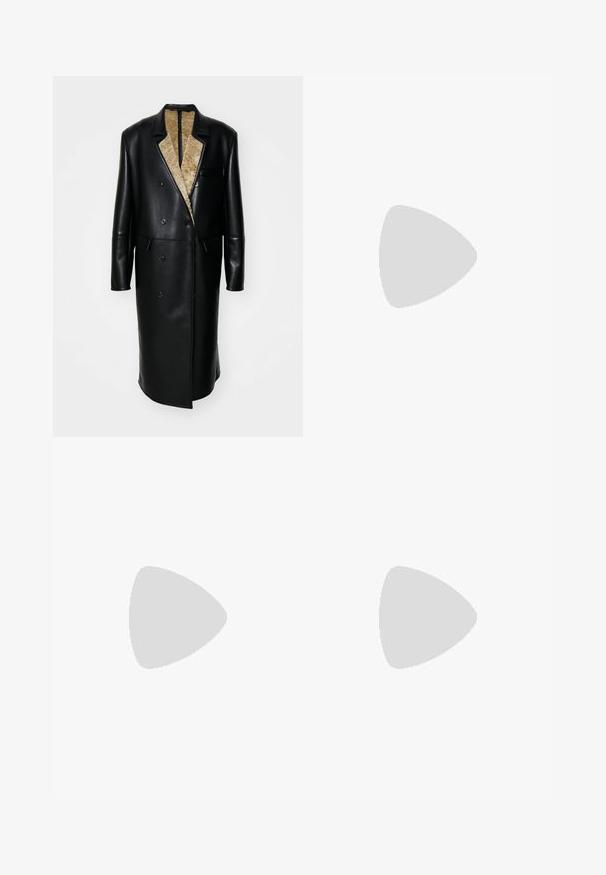 Black leather coat featuring a double-breasted design, large notched collar, a textured beige lining, and side pockets.; Black cotton T-shirt with a crew neck, short sleeves, and a white logo print on the left chest. Simple, solid color design.; Gray tailored trousers made of textured fabric, featuring two front pleats and a straight-leg design. No visible pockets or embellishments.; Black leather loafer with a rounded toe, subtle stitched detailing, and a low heel, featuring a smooth texture and minimalist design.