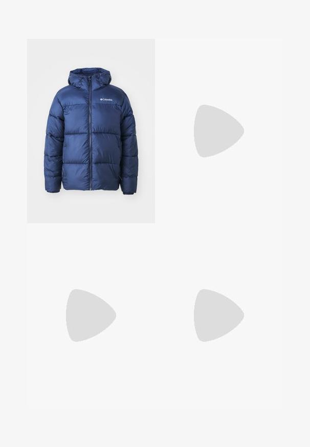 Námořnická modrá prošívaná bunda s kapucí, s předním zipem, elastickými manžetami a prošívaným designem. Logo Columbia na horní levé části hrudníku.; Pět triček s dlouhým rukávem v řadě: tyrkysová, černá, bílá, tmavě šedá a námořnická modř. Měkká látka s designem kulatého výstřihu a standardním střihem.; Černé flared kalhoty z bavlny s tradičním pasem, jediným předním knoflíkem a kapsami po stranách a na zadní straně. Hladká textura.; Stříbrná sportovní obuv s hladkým, lesklým povrchem, bílým logem na boku, texturovanými šedými tkaničkami a podešví z gumové pryže.