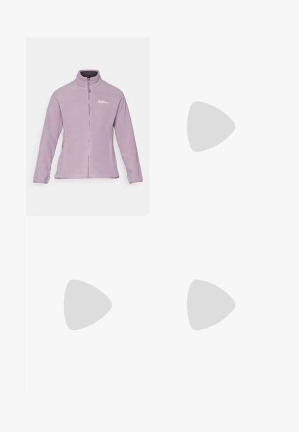 Purple fleece jacket with stand-up collar, full zip, two side pockets, and logo accent on the chest. Soft texture and fitted design.; Black long-sleeve t-shirt made of cotton with a round neck. Features a small white logo on the left chest area. Simple design and fit.; Black nylon zip-off cargo trousers with adjustable cuffs, multiple pockets, and a logo on the right leg. Smooth, lightweight texture.; Beige and cream athletic shoe with textured mesh upper, supportive overlays, and rubber outsole featuring a tread pattern for traction.
