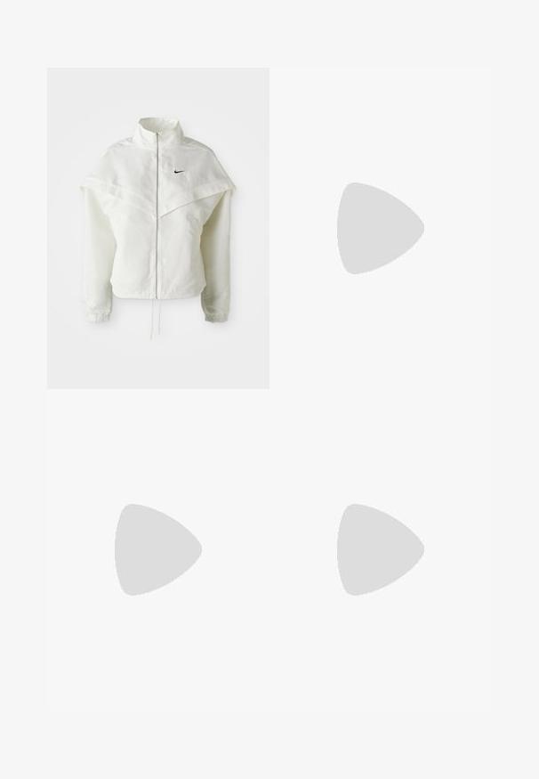 Valge pikkade varrukatega tõmblukuga jakk kõrge kraega, kätetooted, mis meenutavad katet õlgadel, elastsete mansettidega ja väikese musta Nike logoga rinnal.; Valge puuvillane T-särk, millel on ümmargune dekoltee ja lühikesed varrukad. Rinnal on väike must Nike logo. Lihtne ja kaunistusteta disain.; Valged laiad spordipüksid, ribadega vöökoht ja diskreetne logosümbol. Sile kangas, lõdvestatud istuvus ja kitsenev ääreosa.; Valged nahast tossud kollaste ja lavendlitoonide aktsentidega, ümar varvas, tasased paelad ja tekstureeritud kummist tald. Kannab valgeid sokke.