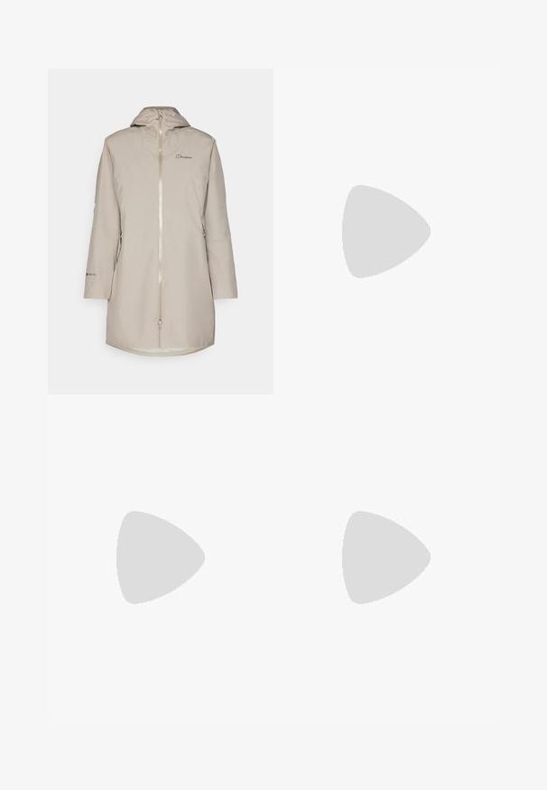 Light beige waterproof jacket with adjustable hood, front zipper, logo detail on chest, and GORE-TEX label on sleeve. Long, relaxed fit.; White long-sleeve shirt made of textured fabric with a beige patch pocket featuring a drawstring and logo.; The North Face EXPLORATION PANTS - Outdoor trousers - new taupe green; Tan ankle boots with a textured leather upper, fleece lining, round laces, and a rubber outsole featuring a black and white design.