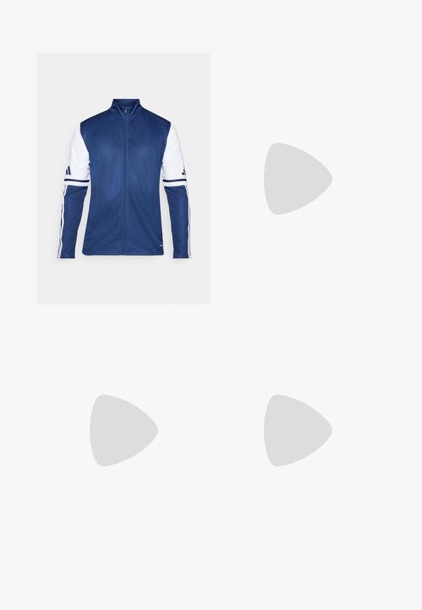Marine sportjack met witte mouwen, hoge kraag, volledige rits en drie-strepen detail op de armen. Gemaakt van lichte, gladde stof.; Witte t-shirt met korte mouwen, voorzien van een subtiel ruitpatroon, gemaakt van lichte stof, met een zwart adidas-logo op de borst.; Marineblauwe sportbroeken met een elastische tailleband en koord. Voorzien van een subtiele logo aan de zijkant en ritssluitingen bij de enkels.; Lichte hardloopschoenen in lichtblauw met zwarte strepen. Beschikt over een soepele bovenkant, ronde neusstuk en dikke witte tussenzool met het label "LIGHTSTRIKE PRO."