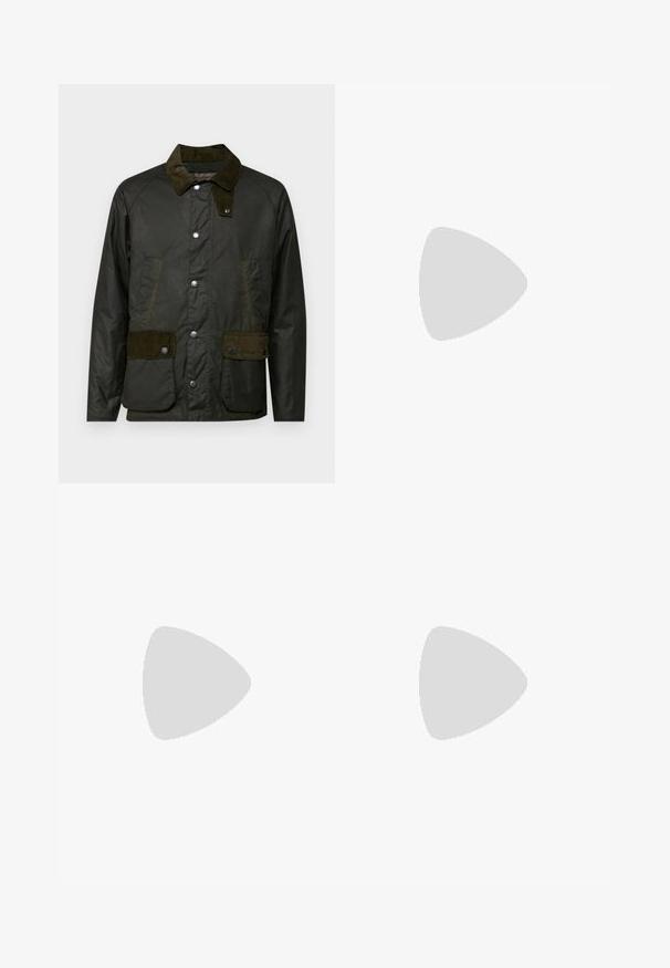 Barbour CORDALE JACKET - Light jacket - fern; Black cotton t-shirt with a round neckline and short sleeves. Features a loose fit and a simple design without patterns or accents.; Black trousers made of fabric with a smooth texture. Features a button closure, belt loops, and side pockets. Standard straight-leg design.; Black leather slip-on loafers with a textured finish and a contrasting beige rubber sole. Features a subtle accent along the front.