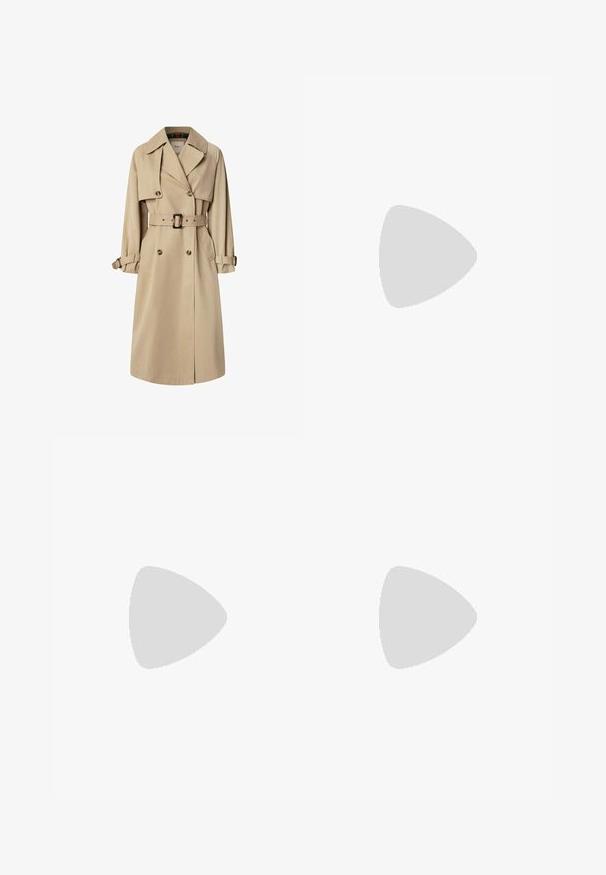Beige trench coat in cotton blend; double-breasted design with large buttons, belted waist, and flap pockets; features a checkered lining.; White long-sleeve t-shirt with a graphic print featuring black and white imagery and pink text, including "STIEGLITZ" and repeating phrases on the sleeves.; Rust brown straight-leg jeans with front and back pockets, metal rivets, button closure, and belt loops, laid flat on a white background.; Beige athletic sneaker with mesh upper, minimal accents, textured sole, and a subtle 'N' logo on the side. Lightweight design for comfort.; Black sunglasses with brown tinted lenses; rectangular shape with a thick frame, including subtle hardware accents on the temples.; Black leather handbag with a curved shape, a single strap, zip closure, and subtle branding on the front. Smooth texture, minimalist design.