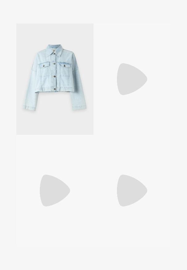Light blue cropped denim jacket with long sleeves, two chest pockets, and gold-tone buttons. Made from soft, textured cotton fabric.; Black cotton t-shirt with a crew neckline, short sleeves, and an embroidered logo on the chest. Simple, relaxed fit with no patterns.; Black wide-leg trousers made of smooth fabric, featuring a flat-front design, pleated details, and belt loops at the waistband.; Black patent leather heels with a pointed toe, adjustable ankle straps, and a slender heel. Smooth texture with a shiny finish.