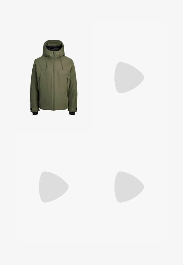 Olive green waterproof jacket with a removable hood, front zipper, and two side zip pockets. Features adjustable cuffs and a smooth texture.; Young person with braided hair wearing a light gray Nike T-shirt and black Nike shorts against a plain white background.; Beige cargo pants in a lightweight cotton material. Features elastic cuffs, multiple side pockets, and a button closure.; White leather sneakers with perforations, round toe, flat sole, and thick laces, featuring a visible swoosh logo and "AIR" on the heel.