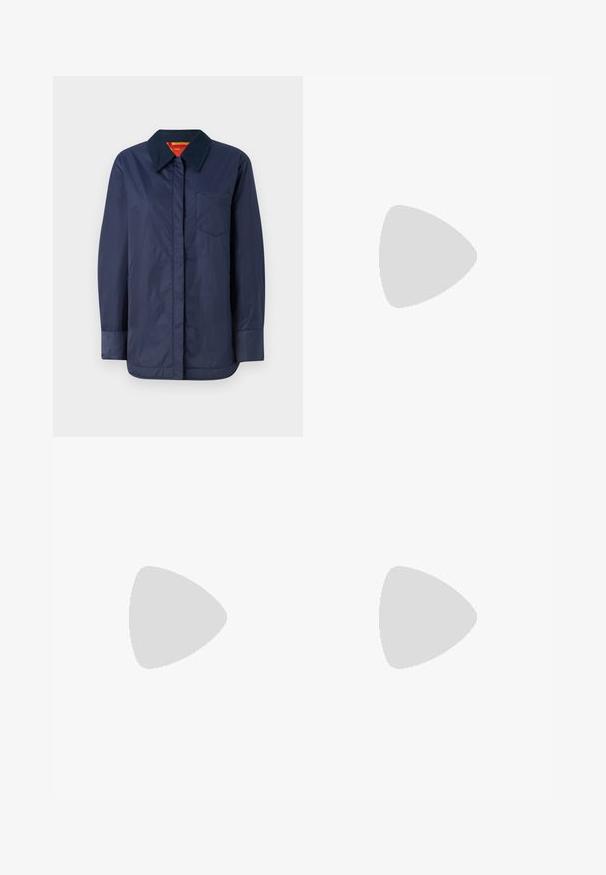 Navy blue long-sleeve jacket with a pointed collar, front pocket, and smooth texture. Features a contrasting inner lining in red and yellow.; Dark navy sweater with a round neckline, long raglan sleeves, ribbed cuffs, and a straight hem. Made from a soft, textured knit material.; Black wide-leg trousers with a smooth texture, featuring a high waistband and center pleats. No visible patterns or hardware details.; Black leather loafers with a chunky sole, featuring a gold-tone accent on the front and a smooth finish. Chunky tread design on the sole.