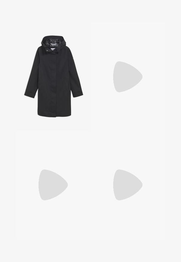 Melnā ūdensnoturīgā jaka ar kapuci, spiedpogu aizdari, divām sānu kabatām un gludu iekšējo oderi. Iezīmē taisnu griezumu un garām piedurknēm.; Melnas īsā piegriezuma T-kreklis no kokvilnas. Tam ir īsas piedurknes un apaļa izgriezne. Gluda tekstūra ar vienkāršu dizainu, bez papildu rakstiem.; Melni plaši bikses, izgatavotas no gludas, spīdīgas auduma, ar elastīgu jostu un bez redzamām kabatām vai aparatūras detaļām.; Melni kanvas sporta apavi ar baltām šņorēm, baltu gumijas purngalu un masīvu baltu zoli. Iezīmējas ar smalku baltu šuvumu un gumiju zoli.