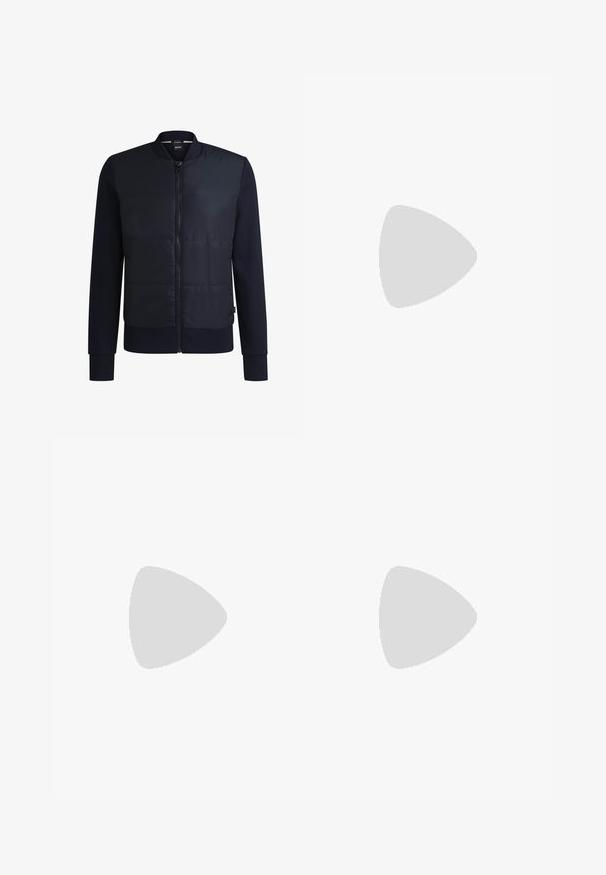 Navy bomber jacket featuring a quilted front, smooth sleeves, ribbed cuffs, and a zipper closure. Made of a blend of materials.; Black cotton t-shirt with round neckline, short sleeves, and white “BOSS” logo centered on the chest. Smooth texture, casual fit.; Black sweatpants made of soft material with an elastic waistband, drawstring, and tapered legs. Features a small logo on the side.; Black sneaker with smooth synthetic upper, round toe, flat laces, and a ribbed rubber sole. Minimalist design, featuring stitched accents.