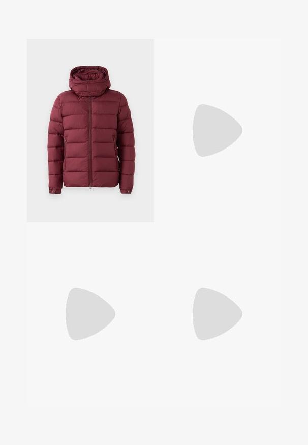 Maroon puffer jacket with a high collar, zip front, and snap buttons. Features quilted texture and side pockets for added functionality.; Long-sleeved white cotton shirt with a round neckline, side slits at the bottom, and a smooth texture, displayed from the back.; Light blue denim jeans with a straight-leg design, five pockets, button closure, minimal fading, and contrasting stitching details.; White sneaker with a smooth leather upper and a low profile. Features a rounded toe, six eyelets, and a textured rubber sole.