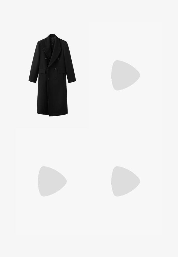 Lang sort dobbeltradet uldfrakke med brede revers og klaplommer, vist mod en hvid baggrund.; Hvid kortærmet t-shirt lavet af bomuld. Har en rund halsudskæring og et lille sort Adidas-logo på brystet. Lige skåret kant.; Grå brede bukser med stribe-mønster, udstyret med knaplukning og to forlommer. Lavet af tekstureret stof.; Sportsko med en overdel i hvid læder, grå ruskind på tåen og tre sorte striber. Har et blåt logo på tungen og en struktureret gummisål.