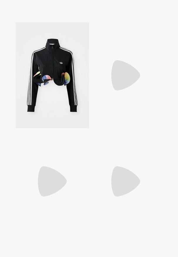 Black zip-up jacket with high collar, white side stripes, and colorful ruffled accents at the hem. Made from smooth, stretchy fabric.; White cotton t-shirt with a black ribbed collar, short sleeves, black stripe accents, and a yellow smiley face embroidered on the chest.; Cream-colored wide-leg pants with a zigzag pattern, featuring a black logo waistband and side black stripes. Lightweight, textured fabric.; Green patterned tracksuit with white floral designs and white stripes, paired with white sneakers featuring green stripes and glittery laces.