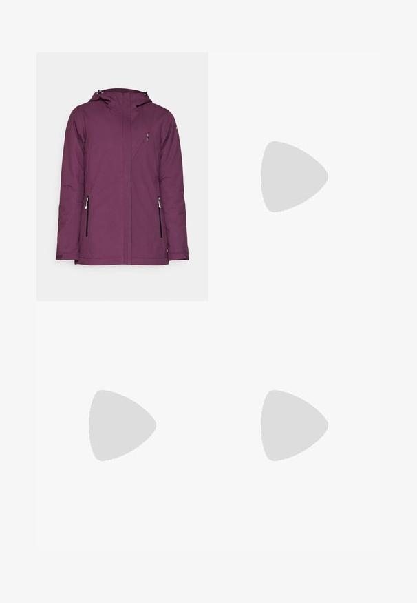 Veste imperméable violette avec capuche, poches latérales zippées et un design élégant. Présente une texture lisse et des lignes épurées.; T-shirt de sport à manches courtes, blanc, avec un col rond, arborant un logo sur la poitrine et une texture de tissu lisse et léger.; Mammut RUNBOLD ZIP OFF PANTS WOMEN - Pantalons outdoor - black; Chaussures de randonnée noires avec une tige en tissu texturé, un système de laçage et une semelle en caoutchouc robuste. Agrémentées de détails réfléchissants et de logos.