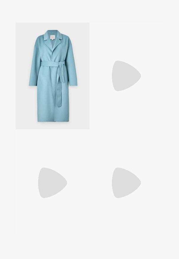 Light blue wool wrap coat featuring a notched collar, long sleeves, a tie belt, and a textured fabric finish.; White cotton t-shirt with short sleeves, round neckline, and a relaxed fit. Smooth texture, no patterns or accents, minimalistic design.; Black wide-leg jeans made of denim, featuring a high-rise waist, five-pocket styling, and a metal button closure with contrasting stitching.; Beige suede Chelsea boot with black elastic side panel, chunky black sole, and pull tab at ankle.