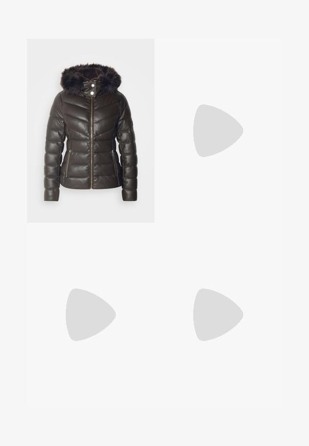 Morgan GKIDIA - Vinterjakke - chocolat; Grå strikket genser med lange ermer, rund hals, ribbede mansjetter og kant, med en myk tekstur og avslappet passform.; Lyseblå denimjeans med høy midje, vide ben og en falmet finish. Har klassisk fem-lommers styling og metalldekkknapp.; Brune semska plattformstøvler med elastiske sidepaneler og orange rekkehalser, parret med en knelange lys denimskjørt på et tregulv.