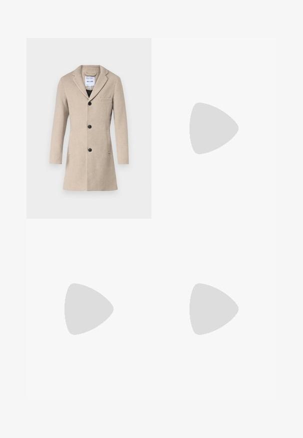 Only & Sons ONSJAYLON OTW - Lühike jakk - beige; Valge puuvillane T-särk, millel on lühikesed varrukad, ümmargune kaelus ja esiküljel punane graafiline tekst "MAITSVA KONDISIOONIGA PUUVILI".; Mustad kõrvitsavärvi püksid, millel on laienev allaosa, esine nupuga sulgemine ja funktsionaalsed taskud. Sile tekstuur vertikaalsete ribadega.; Valged nahast spordijalatsid siledast nahast viimistlusega, ümarate varvastega, lamekestega ja tekstuuriga tallaga. Hall suede aktsent kanna juures.; Kübarid, millel on ristkülikukujulised, tumedhalli värvi läätsed, hõbedased metallraamid ja mustad plastotsad käeotsades. Kerge disain koos nina padjadega.