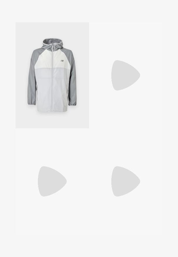 Jachetă zip-up gri și albă cu glugă. Are mâneci raglan, buzunare laterale și un logo pe piept. Material fin și ușor.; Tricou sport negru Nike cu mâneci scurte, guler rotund, textură netedă, având un logo alb în partea superioară stângă.; Pantaloni atletici negri cu un elastic la talie, picioare conice și un mic logo alb Nike pe coapsa stângă. Material neted, fără modele.; Shoe sportiv alb cu un superior din plasă texturată, talpă din cauciuc negru și accent Nike swoosh în nuanță teal. Dispune de șireturi și guler căptușit.