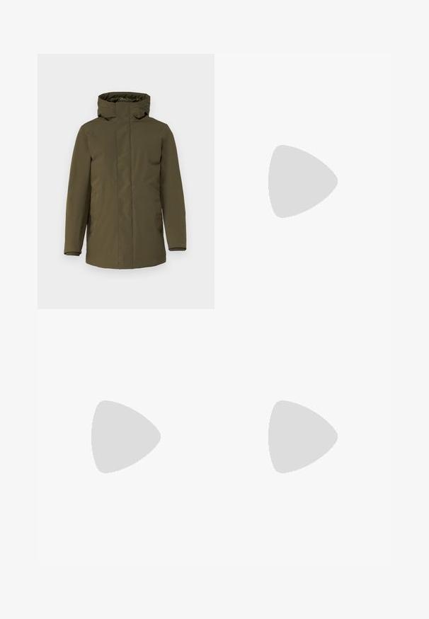 Olive green parka jacket, waterproof fabric, zippered closure, adjustable hood, long sleeves, and side pockets. Smooth texture, minimalist design.; White t-shirt made of cotton featuring a navy and olive green "LACOSTE SPORTSWEAR" logo printed across the chest in a curved design.; Green patterned athletic pants with an elastic waistband, tapered legs, and a geometric design feature throughout. Made of lightweight material.; White leather sneakers with a smooth finish, rounded toe, flat laces, and a textured sole. Grey suede accent at the heel.