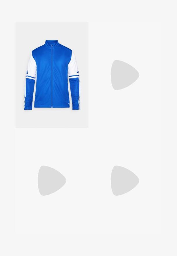 Blå atletisk jakke med fuld lynlås, høj krave, hvide ærmer og tre hvide striber på skuldrene. Lavet af glat, letvægtsstof.; Hvid sports t-shirt med korte ærmer, lavet af fugttransporterende stof. Har et sort logo på venstre bryst og en mønstret indvendig halsudskæring.; Sorte træningsbukser med en strækbar talje, hvide sidelameller og et lille hvidt logo på låret. Fremstillet af et glat, let materiale.; Sorte atletiksko med en tekstureret mesh-overdel, hvide accentstriber, en polstret sål og en forstærket hæl for støtte.