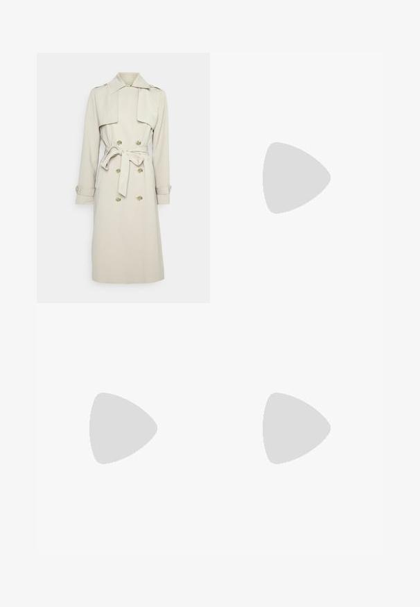 Beige trench coat with a double-breasted design, gold-tone buttons, belt tie at the waist, and shoulder epaulets. Smooth, textured fabric.; Cult Gaia NOMI - Top - black; Black flared pants featuring a smooth texture, tailored waistband, and front pockets, designed with a sleek, modern silhouette.; Black leather heeled sandals with an ankle strap. Features a square toe, smooth texture, and square block heel adorned with silver studs.