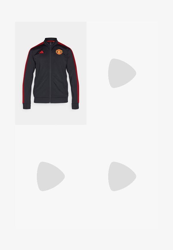Melns jaku ar rāvējslēdzēju, ar sarkanām svītrām un aprocēm, ar Manchester United logotipu kreisajā pusē. Izgatavota no gludas auduma.; Melna kokvilnas T-kreklā ar īsām piedurknēm, uz kurām ir baltas svītras plecu daļā un balts logos kreisajā krūtīs.; Melni sporta bikses ar elastīgu vidukli, divām kabatām ar rāvējslēdzējiem sānos, sašaurinātām kājām un diskrētu logo detaļu uz gurniem.; Melnas sporta kurpes ar baltām svītrām, acs augšdaļa, noapaļots pirksts un mīksts zole. Iespējams ar teksturētu papēdi un drošu šņoru sistēmu.