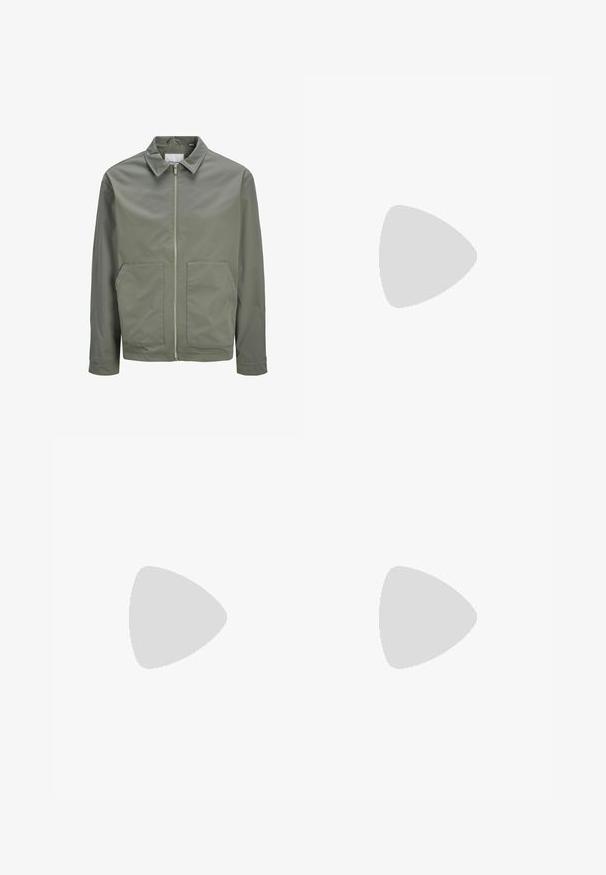 Jack & Jones JJWINSON WORKER - Ljetna jakna - agave green; Crni kratki rukav majica od rebraste tkanine, s okruglim izrezom i jednostavnim, kutnim siluetom.; Crne traper hlače s ravnim krojem, dizajnom s pet džepova i prednjim kopčanjem na dugme. Glatka tekstura s minimalnim detaljima šivanja.; Pier One UNISEX - Tenisice - black