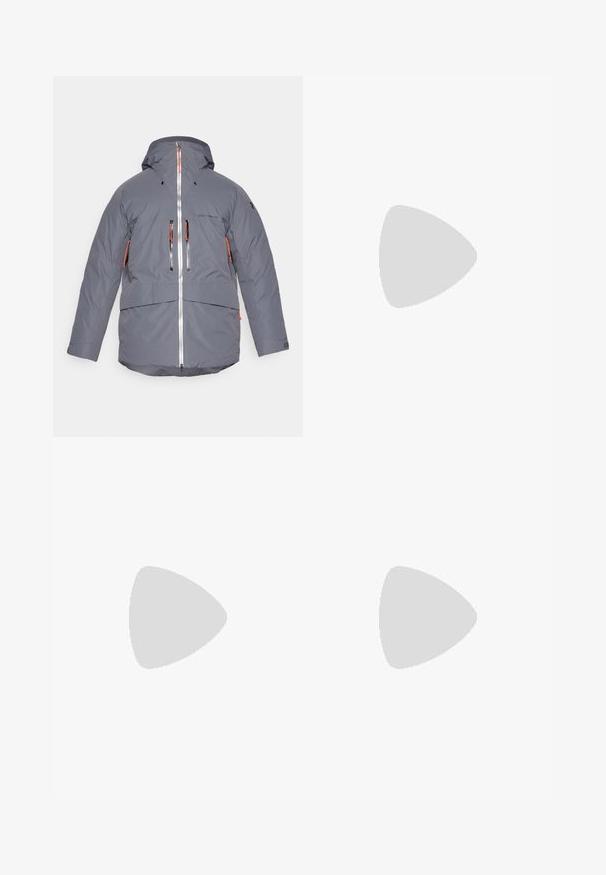 Insulated gray jacket with a hood, featuring black and orange zippered pockets, a full front zipper, and adjustable cuffs. Water-resistant material.; Grey cotton t-shirt with short sleeves, round neckline, and black logo printed on the upper left chest. Soft texture with a casual fit.; Black athletic pants made from lightweight fabric, featuring a drawstring waistband, side pockets, and tapered cuffs at the ankles.; Black trail running shoe with a textured upper, rubber sole, and reinforced toe cap. Features a padded collar and pull tab for easy wear.