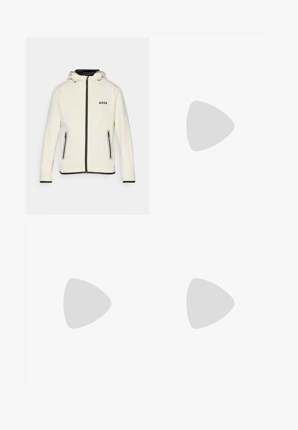 Hvid zip-up jakke med hætte, sorte detaljer og BOSS-logoet på venstre bryst. Har to lynlåslommer på siden.; Sort bomulds T-shirt med rund halsudskæring, korte ærmer og et lille grønt krokodille-logo på venstre bryst. Glat tekstur, afslappet design.; Hvide atletiske shorts med elastisk talje, glat tekstur og kort længde. Ingen synlige mønstre eller yderligere detaljer.; Sort atletisk sko med en struktureret overdel, tre vandrette striber og en hvid sål med et mønstret slidbane. Letvægts- og strømlinet design.