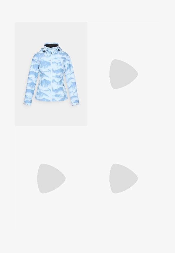 Veste bleu clair avec un motif nuageux, dotée d'une fermeture éclair, d'une capuche ajustable et de deux poches latérales. Texture lisse et coupe ajustée.; T-shirt noir à manches longues en coton avec un col rond. Présente un petit logo blanc sur la partie gauche de la poitrine. Design et coupe simples.; Pantalons noirs ajustés en matériau flexible. Les caractéristiques comprennent une poche latérale zippée, des genoux articulés et une texture lisse.; Baskets de sport beiges et crème avec une tige en mesh texturé, des superpositions de soutien et une semelle en caoutchouc dotée d'un motif de crampons pour une traction.