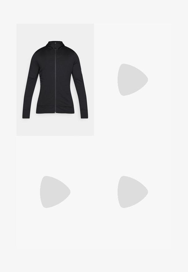 Casaco preto com fecho zip e gola alta, mangas longas e textura suave. Apresenta um design minimalista e detalhes refletivos.; Camisa atlética preta de manga curta com um tecido texturizado, apresentando um logotipo branco no peito esquerdo e uma bainha reta.; Calças atléticas pretas feitas de tecido leve, com um cós ajustável por cordão, bolsos laterais e punhos afunilados nos tornozelos.; Sapatilha de trail running preta com um upper texturizado, sola de borracha e biqueira reforçada. Possui um colarinho acolchoado e uma alça para facilitar o calçar.