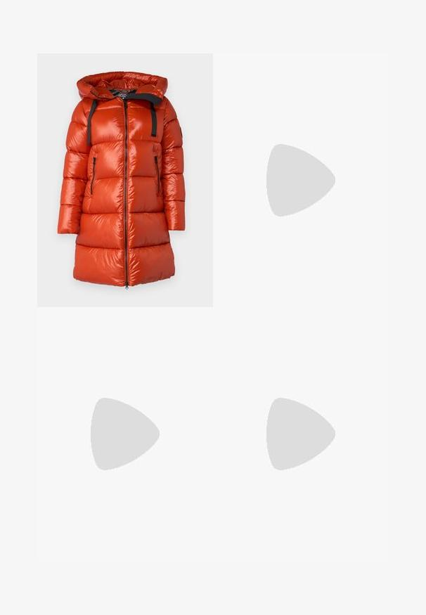 Red puffer coat with a glossy finish, hood, and black accent straps. Features side zip pockets and a zip front closure.; Black cotton t-shirt with a crew neckline, short sleeves, and an embroidered logo on the chest. Simple, relaxed fit with no patterns.; Light blue denim jeans with a high waist, wide flared legs, faded design, and stitched accents on pockets and hem.; Black leather slingback heels with a pointed toe, featuring a slim heel and a gold-tone accent on the adjustable strap. Smooth texture.