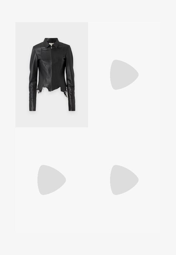 Black cropped leather jacket with a collar, zip front, and a single chest pocket; features frayed hem and seam detailing. Smooth texture.; White cotton t-shirt with short sleeves, round neckline, relaxed fit, and stitched hem. Label visible on the inside neck.; White wide-leg trousers made from cotton with a smooth texture. Features a front button, zipper fly, and four-pocket design.; Black patent leather slingback pump with pointed toe, slim heel, and a subtle cutout design. Features a gold buckle on the strap.