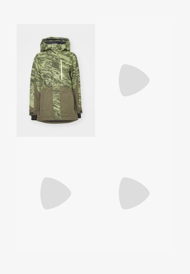 Veste de snowboard à motif vert avec une poche zippée, une capuche ajustable et des manches sombres contrastantes. Fabriquée en matériau durable et résistant à l'eau.; T-shirt court de couleur crème avec un col rond, des manches courtes et des panneaux latéraux noirs ; il possède un petit logo noir sur la poitrine.; Columbia BREA FALLS™ COTTON RIPSTOP PANT - Pantalons outdoor - black; Columbia PEAKFREAK - Chaussures de marche - black