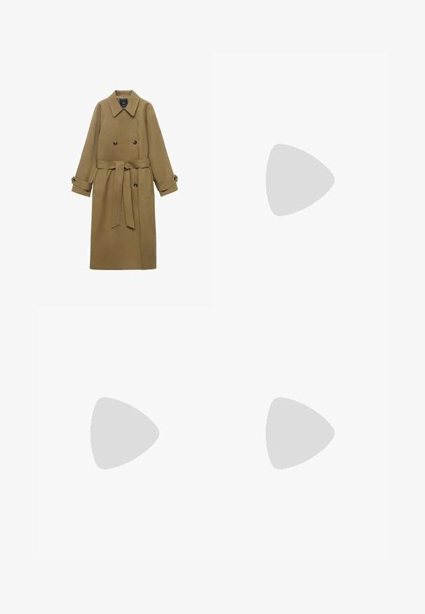 Trench-coat long en camel avec col large à revers, boutons double-breasted, taille ceinturée et poignets à boutons, présenté sur fond blanc.; Deux camisoles en noir et blanc. Fabriquées en tissu doux, avec des bretelles fines et un passepoil contrasté le long de l'encolure et des emmanchures.; Jeans larges bleu foncé en denim. Présentent une taille ceinturée avec plusieurs boutons, des poches avant et une finition soignée aux ourlets.; Talons slingback à bout pointu en design imprimé vache noir et blanc. Tige en tissu avec finition texturée et un fin talon noir.