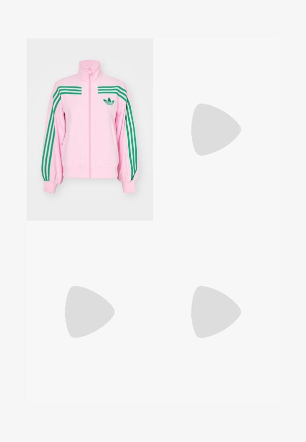 adidas Originals Treniņjaka - true pink; Balta kokvilnas T-krekls ar īsām piedurknēm un apļveida kakla izgriezumu. Piedāvā melnu Adidas logotipu uz krūtīm un kontrastējošu melnu iekšējo apkakli.; Krēmbalti plaša piegriezuma bikses ar zigzaga rakstu, ar melnu logotipa jostu un melnām sānu svītrām. Viegls, teksturēts audums.; Baltijas sporta apavi ar zaļiem akcentiem, trīs svītrām, ziedu izšuvumu un gumijas zoli. Iezīmē apaļu purngali un mežģīņu dizainu.