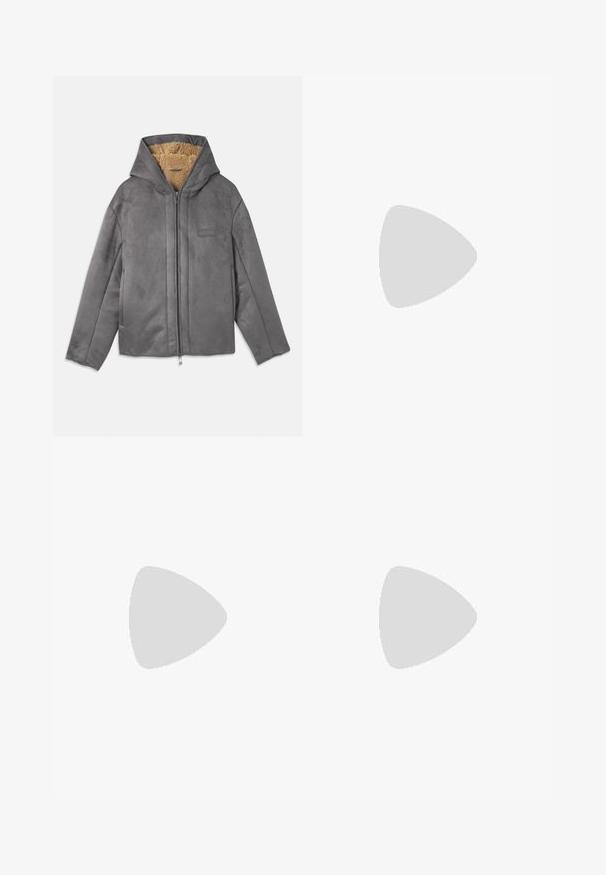 Gray zip-up jacket with a hood, made of soft suede-like material, lined with tan fleece for warmth and comfort. Features side pockets.; Black cotton T-shirt featuring a round neckline, short sleeves, and "EMPORIO ARMANI" logo in white above "Milano" in a curved design.; Black denim jeans with a straight fit. Features faded areas, minor distressing, classic five-pocket design, and a button closure.; White leather sneaker with a smooth finish, round toe, flat laces, and a textured sole. Features a subtle logo on the heel.