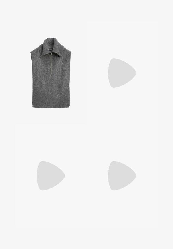 Grå ærmeløs pullover med høj krave, lavet af blødt, tekstureret materiale. Har en lynlås foran og et afslappet pasform-design.; Hvid skjorte med knapper og lodrette lysegrå striber, spredt krave, lange ærmer og en afslappet pasform. Fremstillet af letvægtsstof.; Mørkeblå denimjeans i lige snit med to baglommer og synlig syning langs sømme og kanter.; Sorte loafers med krokodillelædertekstur, med en markant rem på tværs af vristen, præsenteret mod en hvid baggrund.; Sorte rektangulære solbriller med brune gradientlinser. Lavet af plast, med en glat overflade og et diskret guld logo på stangen.