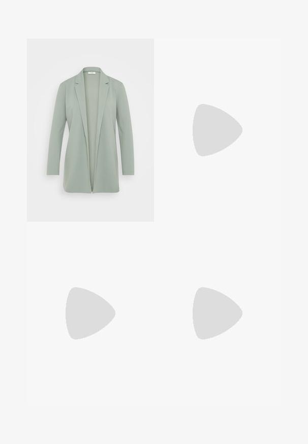 Light green blazer made from soft fabric. Features a lapel collar, open front, and long sleeves. Minimalist design with no embellishments.; Black ribbed tank top with scalloped lace trim at the hem. Features thin straps and a fitted design. Made from stretchable fabric.; Black, ruched pencil skirt with tie detail and a side slit. Made from a stretchy fabric, featuring a smooth texture and form-fitting design.; Black high heel shoe with a pointed toe, textured surface, and a vibrant pink interior. Features a chunky heel with silver accent.