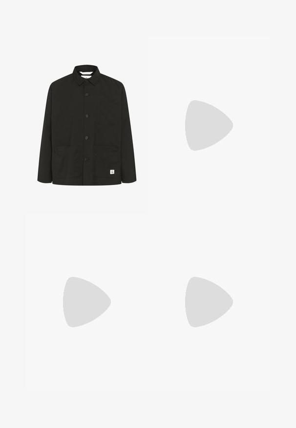 Black, long-sleeve jacket made of soft, textured fabric featuring a collar, front buttons, a chest pocket, and two large front pockets.; White cotton t-shirt with short sleeves and a crew neck. Centered text reads "WELCOME TO PARADISE" in a curved green font.; Beige wide-leg pants with an elastic waistband and drawstring. Smooth texture, two side pockets, and minimal seams for a relaxed fit.; Beige suede sneakers with a rounded toe, lace-up front, and a textured back accent. White rubber sole provides contrast. Simple and modern design.