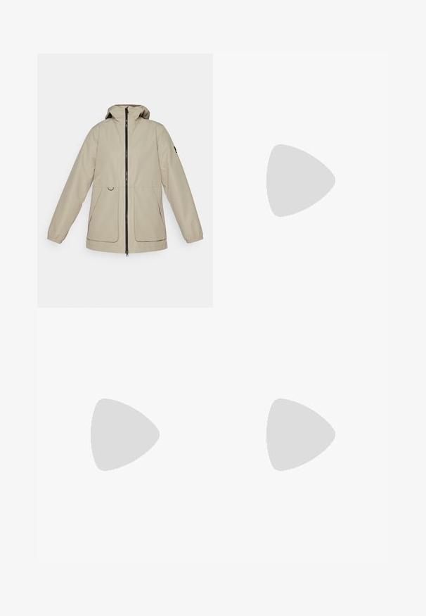Veste imperméable beige avec fermeture éclair sur le devant, capuche réglable et poignets élastiques. Comprend deux poches latérales et un design épuré.; T-shirt noir en coton à manches courtes avec un logo circulaire multicolore sur la poitrine. Ourlet droit et coupe décontractée.; Pantalons de jogging noirs avec une taille élastique, détail de cordon de serrage et poches latérales. Fabriqués en tissu lisse et léger.; Chaussure de randonnée légère avec un design beige et vert menthe. Tige texturée, semelle en caoutchouc, système de laçage rapide et accents jaunes contrastants.