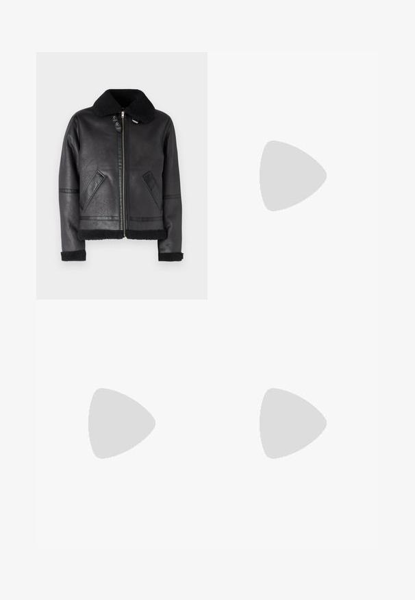 Veste en cuir noir avec un col en fourrure noir, fermeture éclair, poches latérales et détails texturés sur les manches et l'ourlet.; Deux chemises à manches courtes : l'une noire unie, l'autre blanche avec des rayures verticales noires. Les deux ont des boutons et un col classique.; Pantalons en denim noir avec une coupe droite, un design à cinq poches et une fermeture à bouton à l'avant. Texture lisse avec des détails de couture minimaux.; Mocassins en cuir noir à bout arrondi, avec un design cousu, une semelle plateforme basse et une semelle en caoutchouc texturée et crantée.