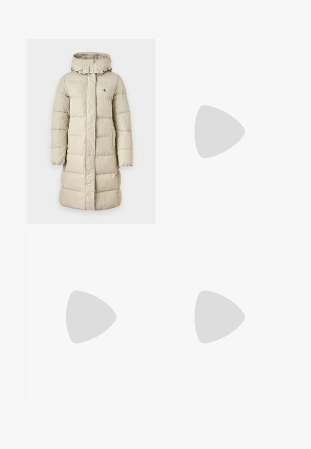 Beige padded coat with hood, featuring a front zipper and snap closure, quilted design, logo on chest, and side pockets.; Black cotton hooded sweatshirt with a cropped design, featuring a silver logo and drawstrings, ribbed cuffs, and hem. Smooth texture.; Light blue denim jeans with a high waist, slim fit, and ankle length. Features front pockets, belt loops, and metal button closure.; White platform sneakers with smooth synthetic upper, tonal laces, and a black logo. The raised rubber sole features horizontal ridges for traction.