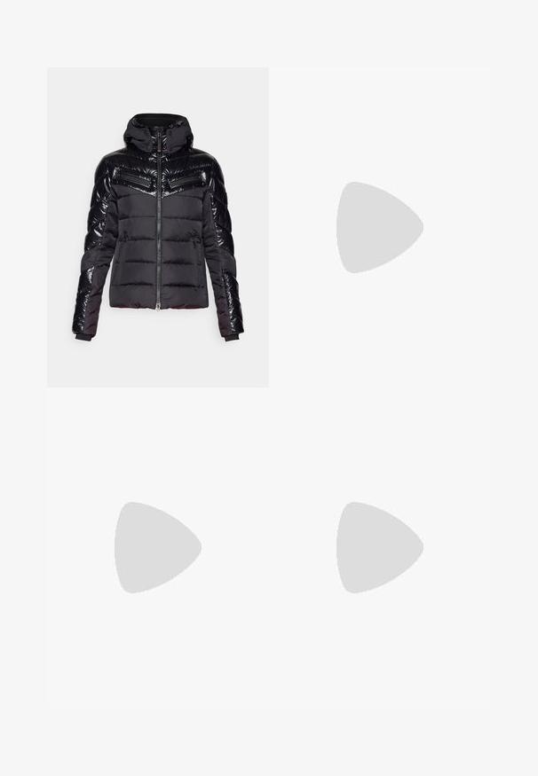Black puffer jacket with shiny, quilted sleeves, zippered pockets on the chest, and a hood. Material is glossy with a matte finish on the body.; Stradivarius NECK - Jumper - black denim; Calzedonia SUPER SHINY - Leggings - Trousers - black; Nike P-6000 sneakers with a light grey mesh upper, black accents, and a durable black rubber sole. Features intricate design and lacing system.; Black oversized square sunglasses with gradient dark lenses, glossy frames, and gold logo detailing on the temples.