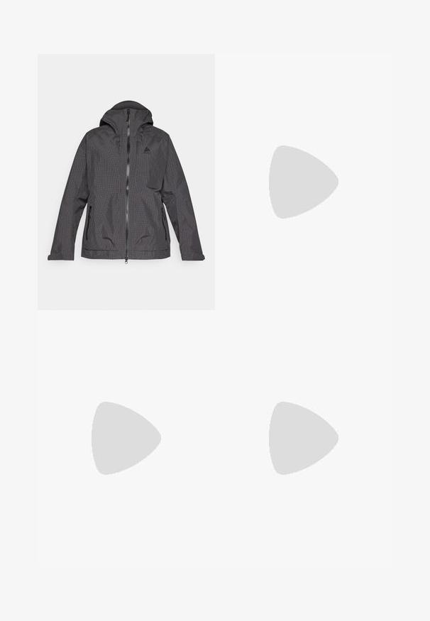 Black and gray checkered jacket featuring a hood, front zipper, and two side pockets. The fabric appears smooth with a lightweight design.; Green half-zip pullover sweatshirt made of soft material, featuring a stand collar and elastic cuffs. Columbia logo on the upper left chest.; Navy blue pants made of smooth fabric, featuring a front button closure, slim-fit design, and creased detailing at the knees.; Columbia PEAKFREAK - Hiking shoes - black