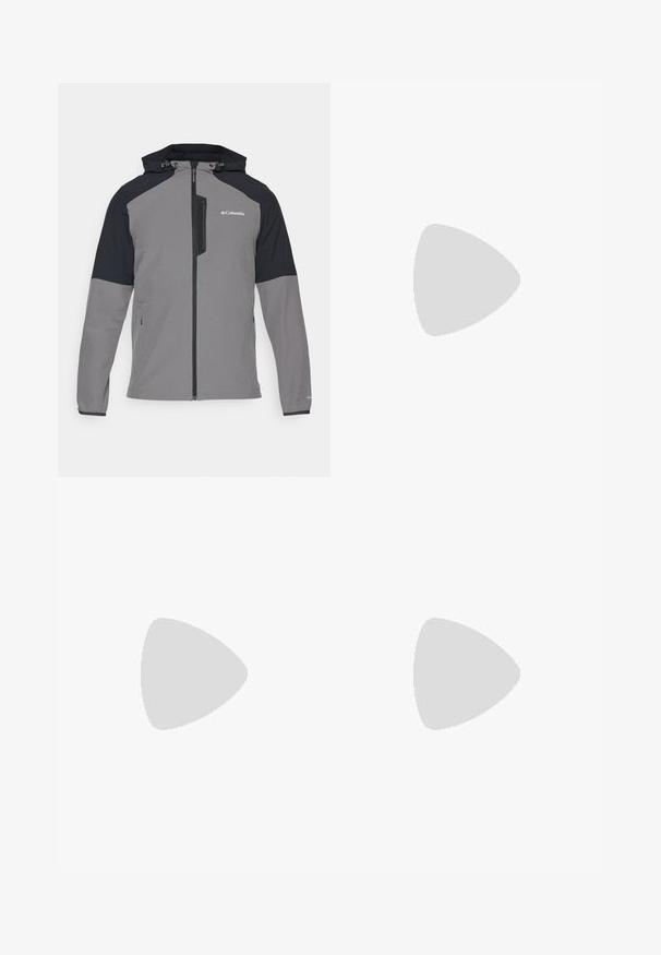 Columbia COLUMBIA TECH™ SOFTSHELL HOODIE - Softshellová bunda - city grey/black; Černé sportovní tričko s krátkým rukávem a strukturovanou tkaninou, se bílým logem na levé hrudi a rovým lemem.; Černé sportovní kalhoty vyrobené z lehké tkaniny, s páskem na šňůrku, bočními kapsami a zúženými manžetami na kotnících.; Černé trailové běžecké boty s texturovaným svrškem, gumovou podrážkou a vyztuženou špičkou. Obsahují polstrovaný límec a poutko pro snadné obouvání.