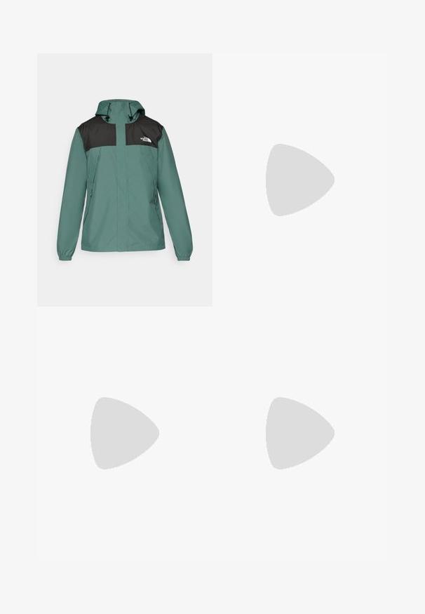 Teal vanntett jakke med svart øverste del. Den har hette, glidelåslommer, elastiske mansjetter og The North Face-logo på brystet.; Svart kortermet treningstrøye med strukturert stoff, med en hvit logo på venstre bryst og rett kant.; The North Face HORIZON PANT - Friluftsbukser - black; Svart terrengløpesko med teksturert overdel, gummisåle og forsterket tåhette. Har polstret krage og løftestropp for enkel påkledning.