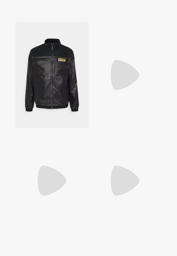 EA7 Emporio Armani JACKET - Bomberjacks - nero; Witte katoenen t-shirt met een ronde halslijn en korte mouwen, voorzien van een gouden EA7 Emporio Armani-logo op de voorkant.; Zwarte sportshorts van zacht materiaal, met een elastische tailleband en een klein geel EA7-logo op de onderste linkeronderbroek.; Witte leren sneaker met een gladde afwerking, ronde neus, platte veters en een gestructureerde zool. Kenmerkt zich door een subtiel logo op de hiel.
