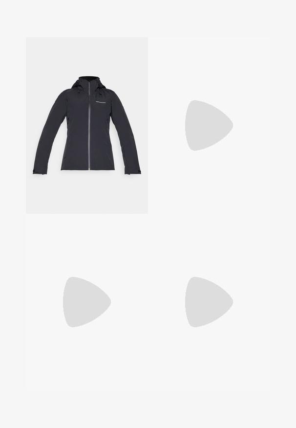Schwarze Kapuzenjacke mit durchgehendem Reißverschluss, verstellbarem Kordelzug und elastischen Bündchen. Hergestellt aus leichtem, wasserabweisendem Material.; Gekürztes schwarzes T-Shirt aus Baumwolle mit einem lockeren Sitz, kurzen Ärmeln und einem gerippten Rundhalsausschnitt. Keine sichtbaren Muster oder Akzente.; Schwarze Sportshorts mit hohem Bund, aus elastischem Material. Verfügt über flache Nähte und ein kleines Logo-Detail am linken Bein.; Leichte Laufsohle aus weißem und hellgrauem Mesh, mit einer dick gepolsterten Sohle und seitlichem Logo. Minimalistisches Design mit strukturiertem Stoff.