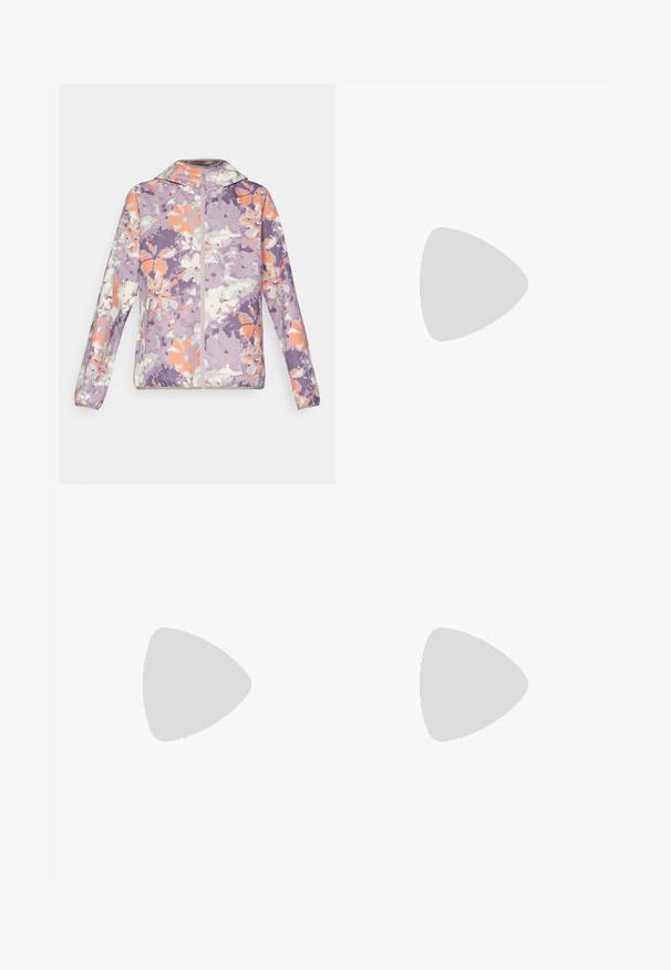 Gėlėmis raštuotas švarkas purpurinės, oranžinės ir baltos spalvų atspalvių. Yra visiškai užtraukiamas, su gobtuvu ir elastingomis rankovėmis, lengvos tekstūros.; Juodas ilgomis rankovėmis medvilninis marškinėliai su apvali apykakle. Savybė - mažas baltas logotipas kairėje krūtinės pusėje. Paprastas dizainas ir pritaikymas.; Juodos nailoninės krovinių kelnės su reguliuojamais rankovėmis, daugybe kišenių ir logo ant dešinės kojos. Lygi, lengva tekstūra.; Bežinės ir kreminės spalvos sportinės bateliai su tekstūruoto tinklelio viršutine dalimi, palaikančiomis detalėmis ir guminiais padais, turinčiais raštą, užtikrinantį sukibimą.